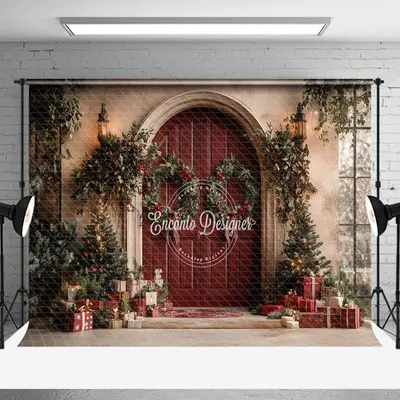 Xmas Wreath Arch Door Decorated Holiday Backdrop - Aperturee