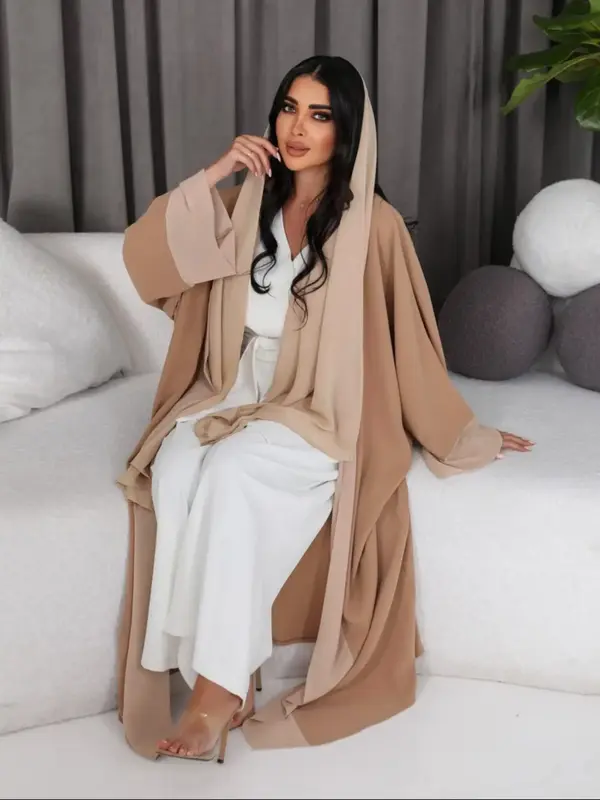 Arabic Clothing-Women's Long Sleeve Chiffon Open Abaya, Modest Solid Abayas for Spring, Loose Abayas, 2024 New Islamic Fash...