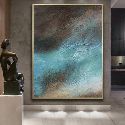 Large Acrylic Painting On Canvas Blue Original Brown Artwork Texture Wall Art Unique Art | CALM SEA
