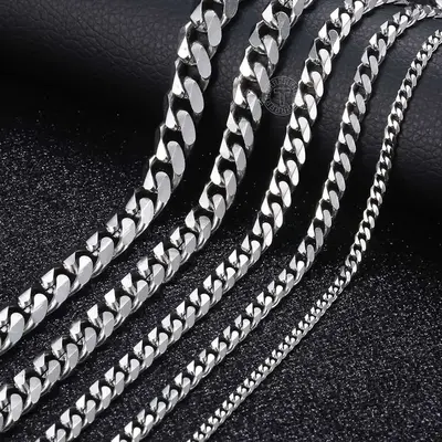 3/5/7/9/11mm Men's Silver Color Necklace Stainless Steel Cuban Link Chain For Mens Womens Basic Chokers 18-30inch Valentine B...