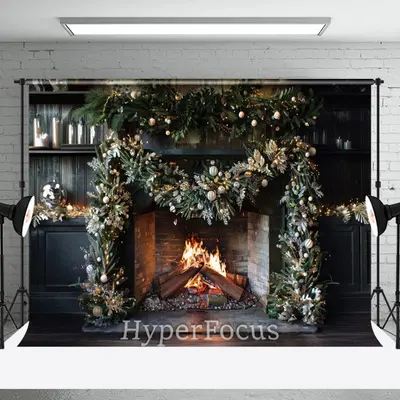 Black Retro Fireplace Pine Leaves Christmas Backdrop - Aperturee