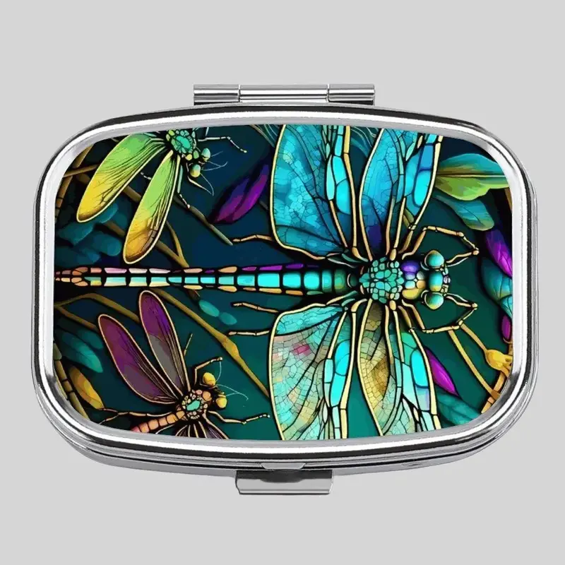 Dragonfly Pattern Pill Box, 1 Count  2 Grid Portable Medicine Storage Box, Medicine Case, Home Organizer for Kitchen, Bedroom...