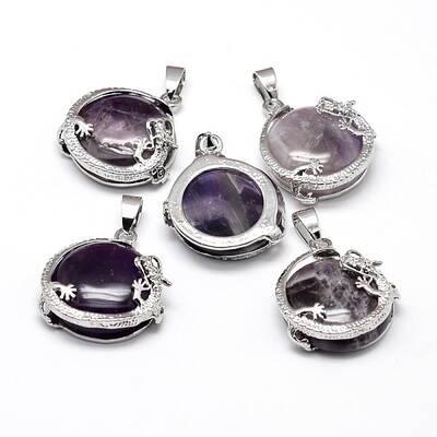 Flat Round with Dragon Platinum Plated Brass Natural Amethyst Pendants