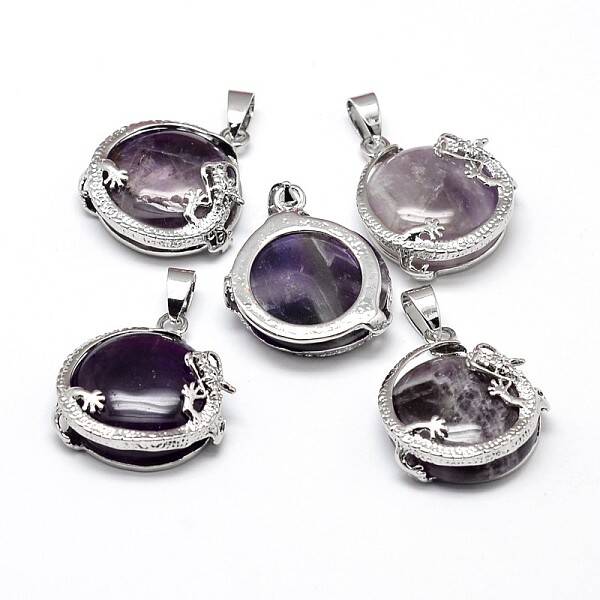 Flat Round with Dragon Platinum Plated Brass Natural Amethyst Pendants