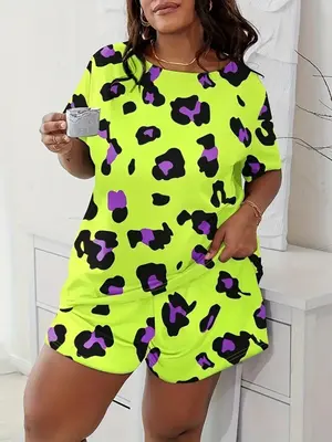 ăplus Sizeă Drop Shoulder Shortsleeve Tee & Shorts Cute Nightwear Loungewear Set, Summer Clothes Women, Casual Fitted Com...