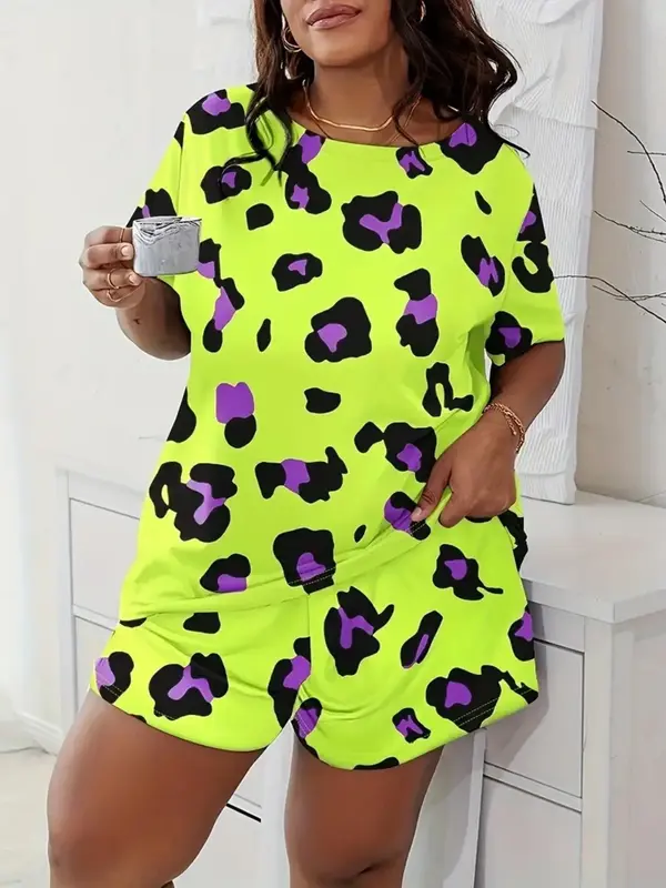 【plus Size】 Drop Shoulder Shortsleeve Tee & Shorts Cute Nightwear Loungewear Set, Summer Clothes Women, Casual Fitted Com...