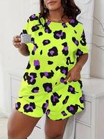 【Plus Size】 Drop Shoulder Shortsleeve Tee & Wide Leg Shorts Cute Nightwear Loungewear Set, Summer Clothes Women, Regular...