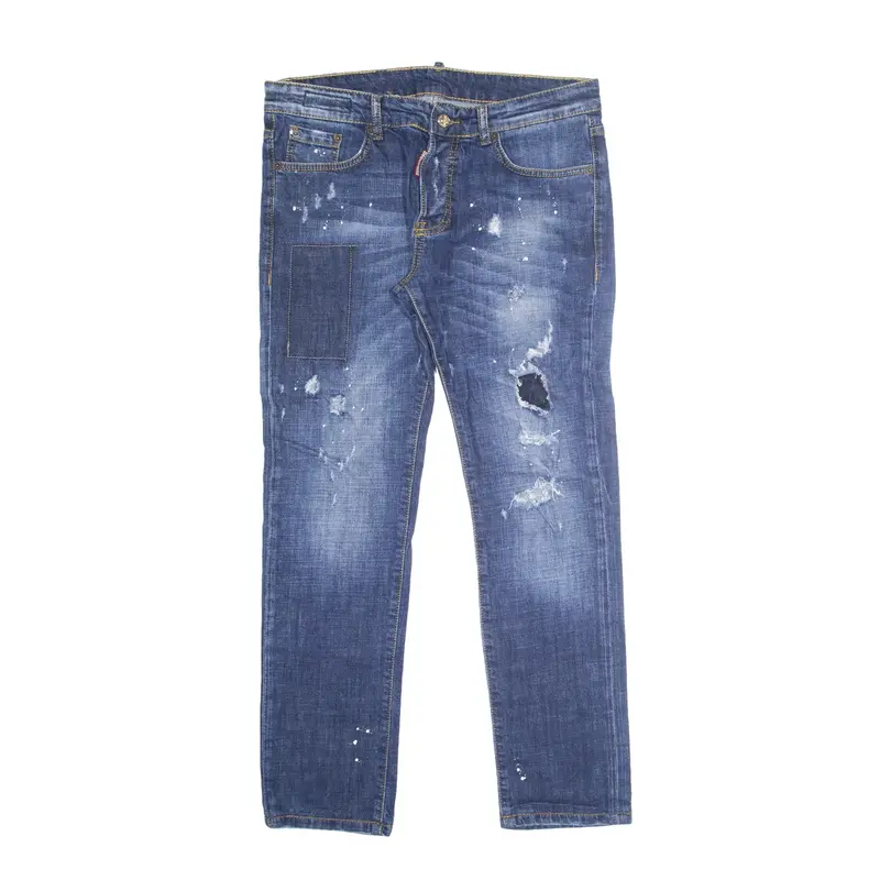 DSQUARED2 Distressed Paint Splatter Jeans Blue Denim Slim Skinny Stone Wash Womens W24 L37
