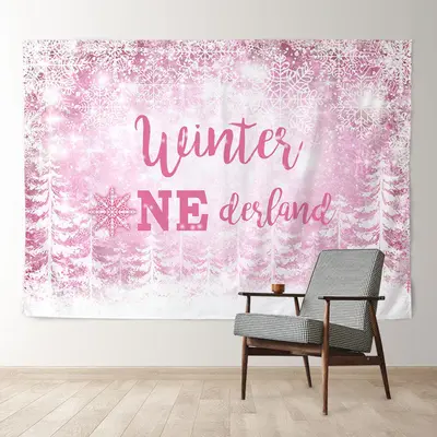 Aperturee Pink Onederland Snowflake Forest Winter Backdrop