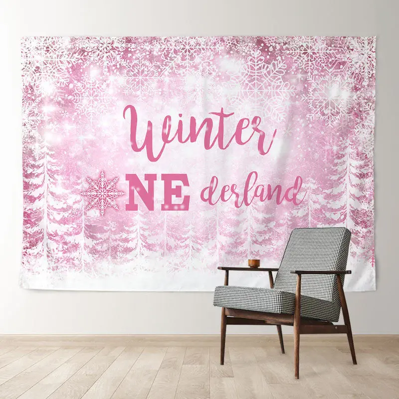 Aperturee Pink Onederland Snowflake Forest Winter Backdrop