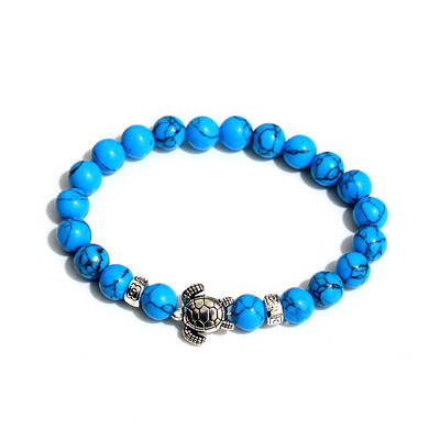 Synthetic Turquoise Round Beaded Stretch Bracelet with Turtle