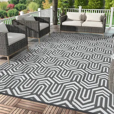 Garvee Extra Large Reversible Outdoor Plastic Mat - Modern Grey Striped Geometric Rug - Waterproof, Easy Clean, Lightweight P...
