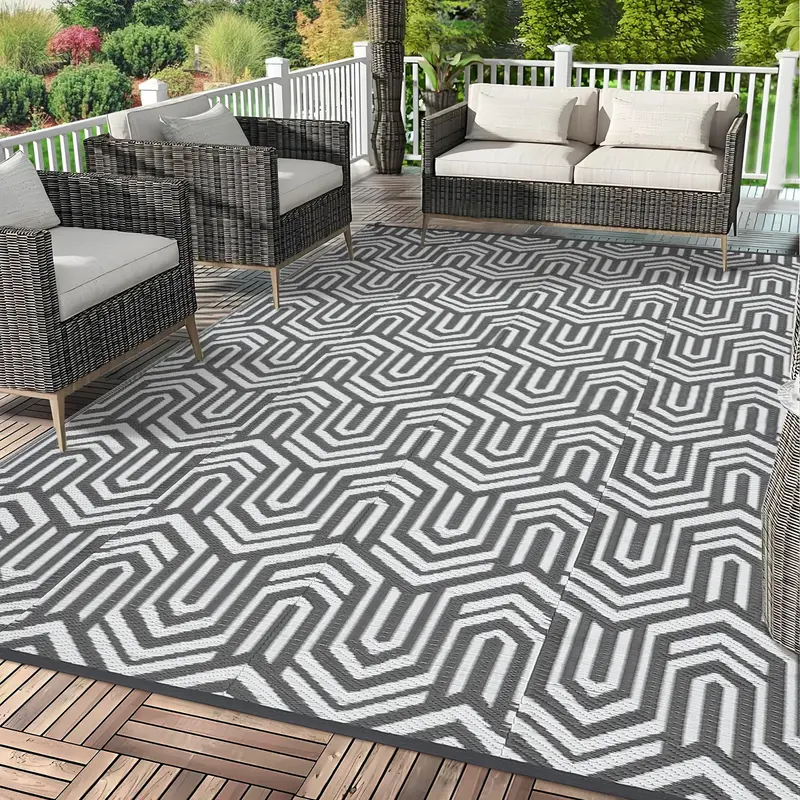 Garvee Extra Large Reversible Outdoor Plastic Mat - Modern Grey Striped Geometric Rug - Waterproof, Easy Clean, Lightweight P...