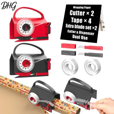 DHG Wrapping Paper Cutter(2-Pack) & Tape Dispenser Dual Use with 4 Tapes，2 Replace Blades Kit for Christmas Gift Wrap Cutte...