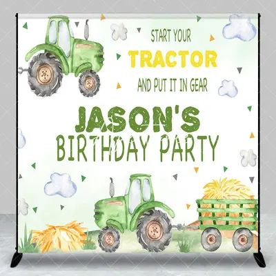 Aperturee Green Tractor Clouds Custom Name Birthday Backdrop, 3X3FT(1X1M), 15 USD, custom birthday backdrops, DZZH0E759-O