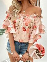 Women's Floral Print Off Shoulder Blouse, Chic Boho Floral Print Half Sleeve Top for Summer, Women's Clothing for Daily Wear,...