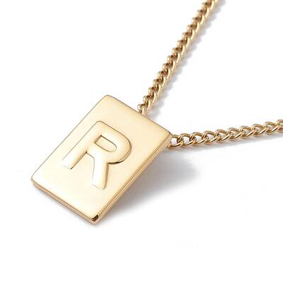 Stainless Steel Initial Letter Rectangle Pendant Necklace for Men Women