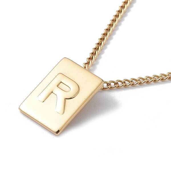 Stainless Steel Initial Letter Rectangle Pendant Necklace for Men Women