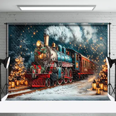 Aperturee Winter Snowy Night Retro Train Christmas Backdrop - Aperturee