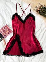 Valentine's Day Women's Contrast Lace Criss Cross Bow Back Satin Cami Nightdress, Elegant Spaghetti Strap Split Hem Backless ...