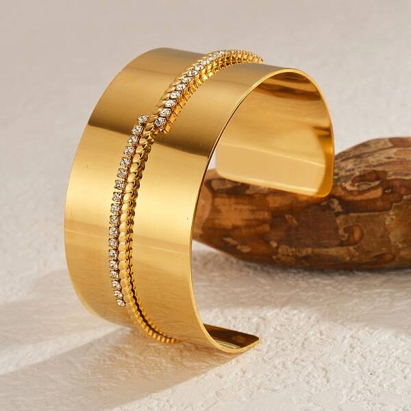 304 Stainless Steel Rhinestone Cuff Bangles for Women