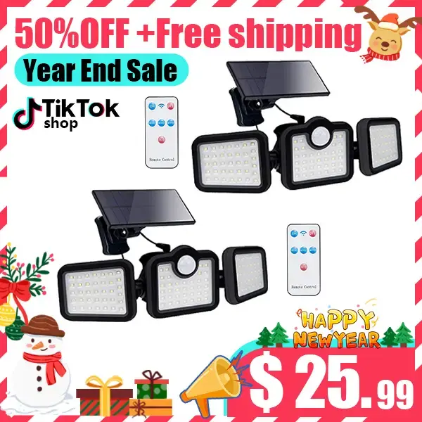 2 Pack Solar Lights Outdoor, 3 Head Motion Sensor Solar Security Lights with Remote Control, 108 LED Rotatable Flood Lights I...