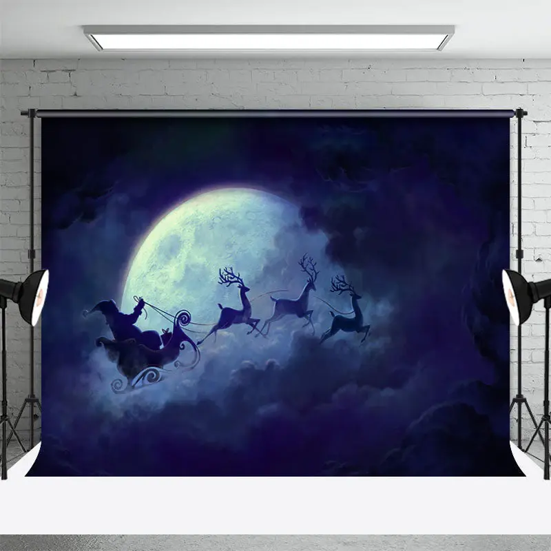 Santa Claus Moon Elks Sleigh Christmas Backdrop - Aperturee