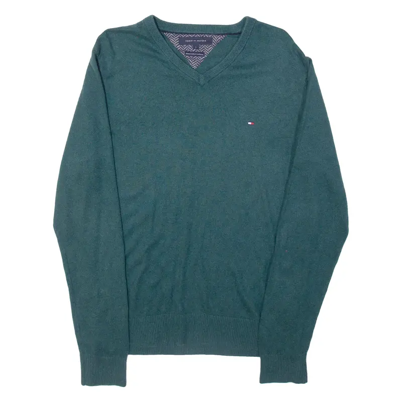 TOMMY HILFIGER Mens Jumper Green V-Neck Tight Knit S