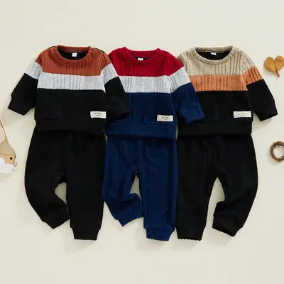3M-24M Toddler Baby Boy 2Pcs Fall Winter Outfits Long Sleeve Contrast Color Sweater Top Sweatshirt+Long Pants Set Warm Clothe...