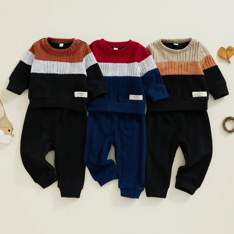 3M-24M Toddler Baby Boy 2Pcs Fall Winter Outfits Long Sleeve Contrast Color Sweater Top Sweatshirt+Long Pants Set Warm Clothe...