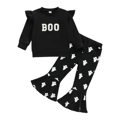 REDWOON Halloween Outfits For Baby Girls Boo Embroidery Sweatshirt Ghost Print Flared Pants Toddler Infant Girls Halloween Fa...