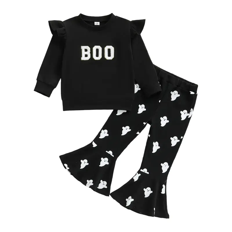 REDWOON Halloween Outfits For Baby Girls Boo Embroidery Sweatshirt Ghost Print Flared Pants Toddler Infant Girls Halloween Fa...