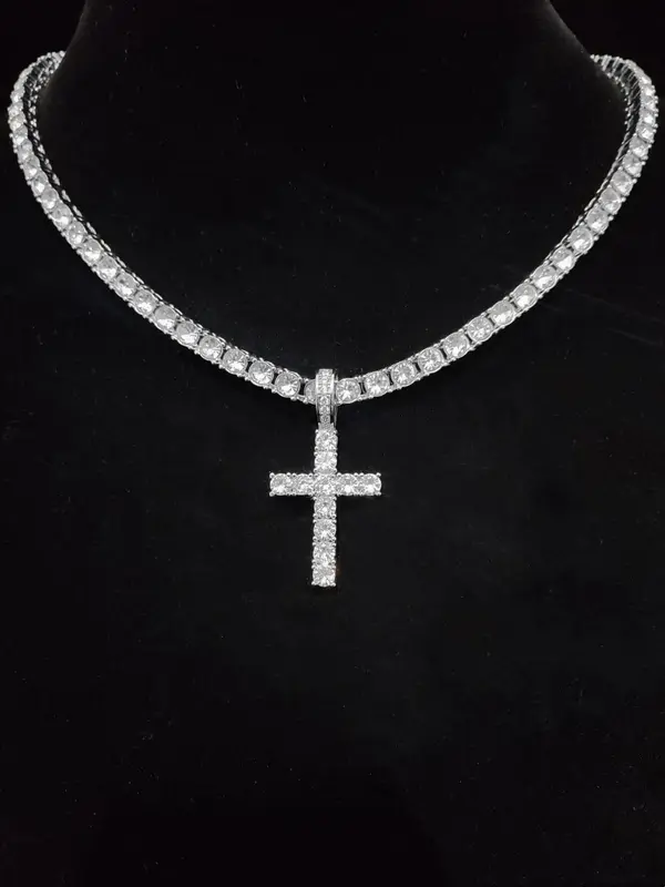 Y2k 2024 Hip Hop Luxury Rhinestone Cross Necklace, Unisex Cuban Link Chain Necklace, Spring Iced Out Jewelry, Streetwear Pun...