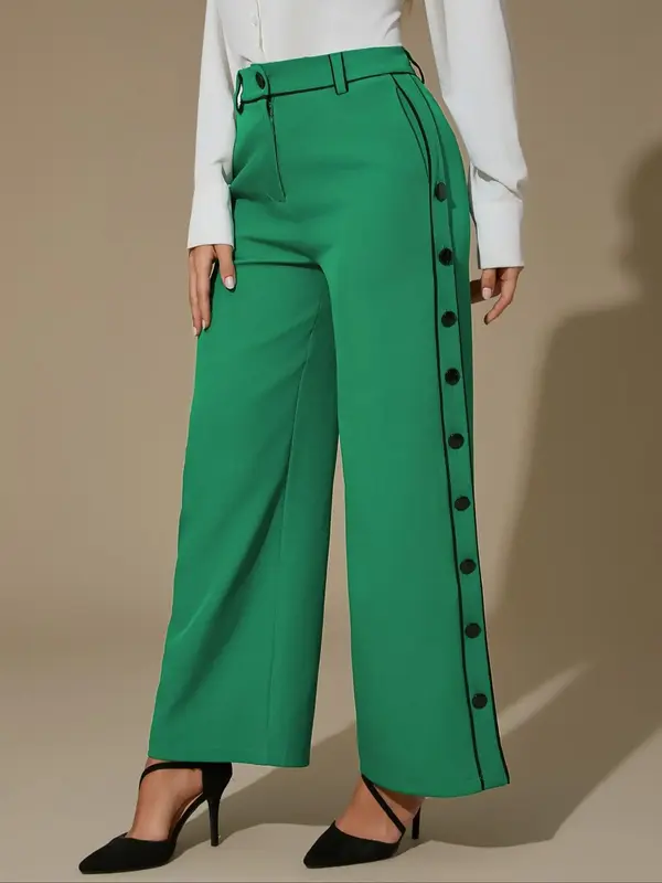 New Women's Fashion High Waist Wide Leg Pants, Colorblock Design, Adjustable Side Slit, Elegant Commuter Street Style, No Bel...