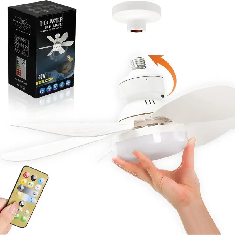 Lighted Socket Ceiling Fan with Light, 1 Box 20.5 Inch Screw Ceiling Fan with Remote Control, LED Mini Ceiling Fan for Bedroo...