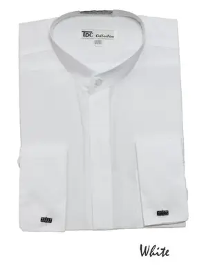 Fashion Hidden Button French Cuff Mandarin Collarless Dress Preacher Round Style Shirt White Men's Dress Shirt