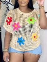 Women's Floral Design Crew Neck Hollow Out Crochet Sweater, Casual Short Sleeve Jumper for Summer, Fashion Women's Knitwear ...