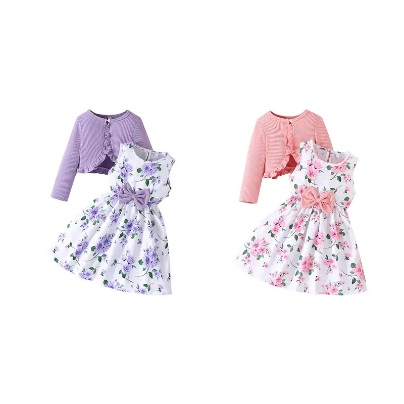 Toddler Girl Dress Set Floral Print Round Neck Bow A-Line Tank Dress Ruffled Ribbed Cardigan 2Pcs Sets