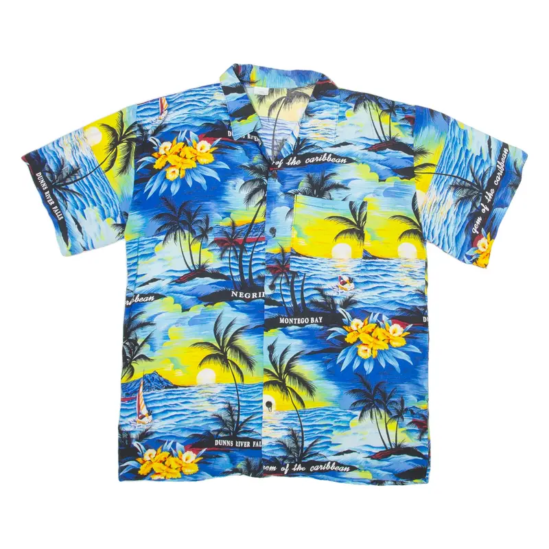 Beach Scene Mens Hawaiian Shirt Blue Viscose L
