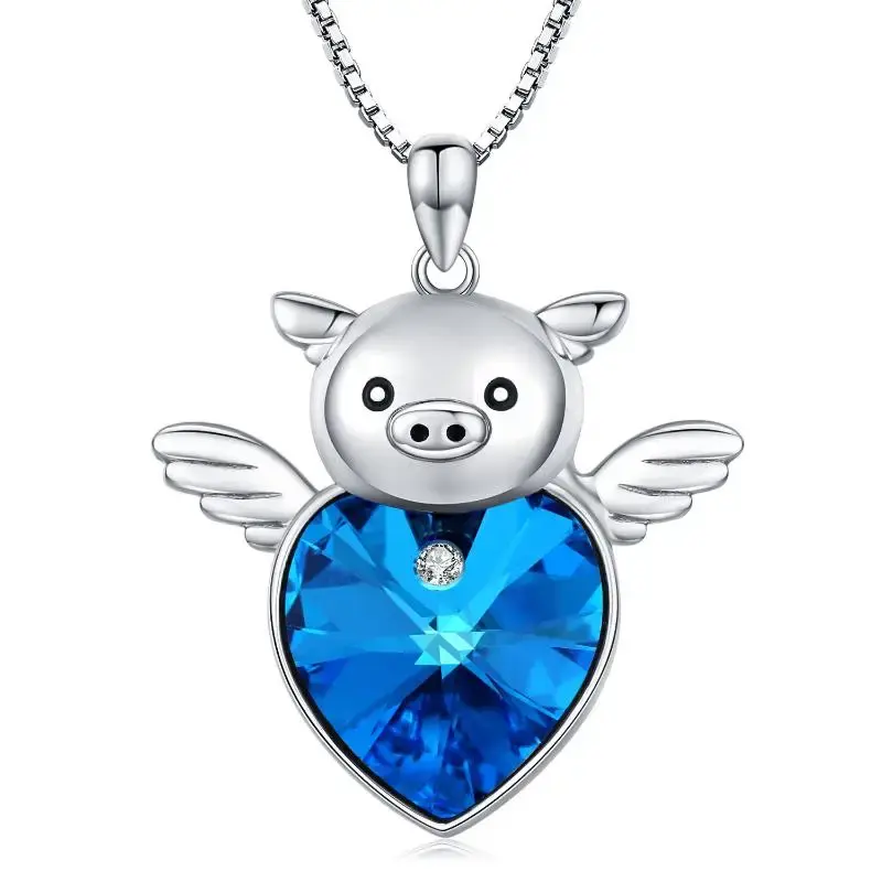 Sterling Silver Heart Crystal Pig Pendant Necklace