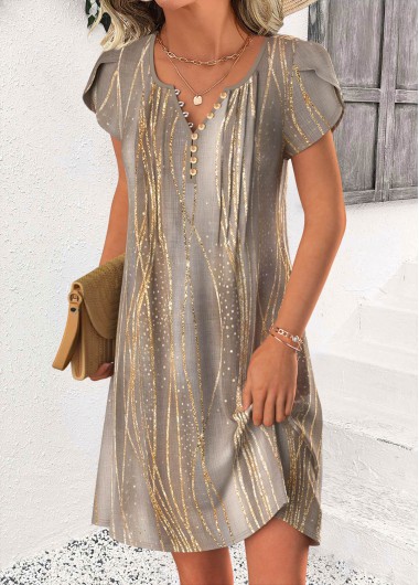 Modlily Gray Brown Ombre Short Tummy Coverage Split Neck Dress - L