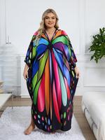 【Plus Size】Butterfly / Feather Print Ruched Split Hem Tunic Dress, Chic Maxi Dress for Summer, Casual Womenswear, Gift, H...