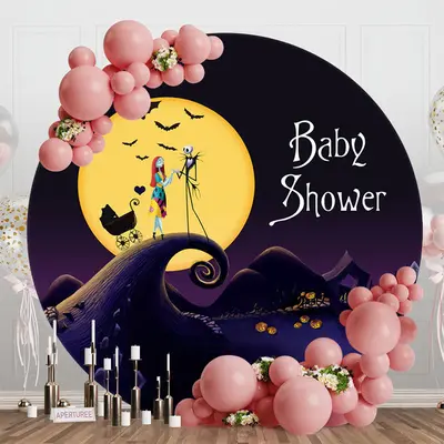 Big Moon Bats Halloween Round Baby Shower Backdrop - Aperturee
