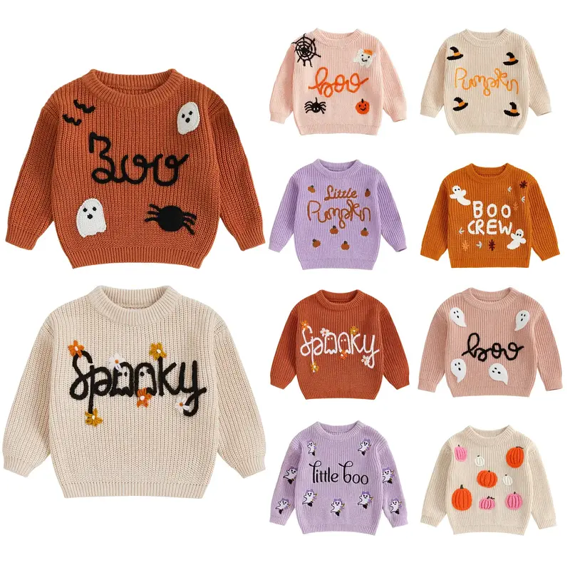 Toddler Girl Ghost Halloween Sweater Embroidery Oversized Long Sleeve Crewneck Pullover Sweaters Baby Spooky Outfit(0-5T)