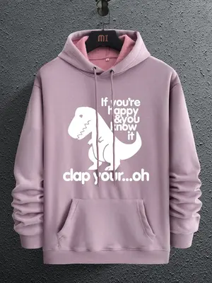 Unisex Men's Cartoon Dinosaur Graphic Print Drawstring Hoodie, Regular Fit Casual Pocket Long Sleeve Hooded Sweatshirt, Men C...