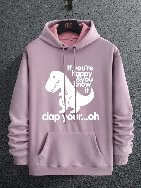 Unisex Men's Cartoon Dinosaur Graphic Print Drawstring Hoodie, Regular Fit Casual Pocket Long Sleeve Hooded Sweatshirt, Men C...