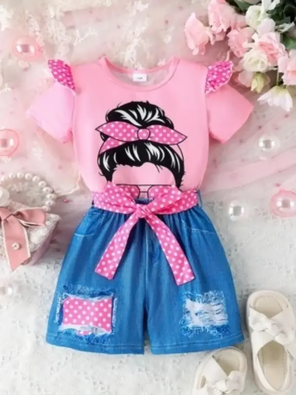 Two-piece Set Girl's Cartoon Figure  Print Ruffle Trim Tee & Denim-effect Print Belted  Shorts, Casual Short Sleeve Round Nec...