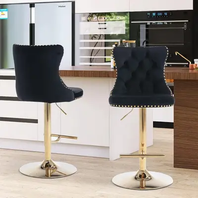 Adjustable Swivel Bar Stools with Metal Leg, Button Tufted, Footrest, Counter Height Chair for Kitchen, Bar, Dining Room - Se...