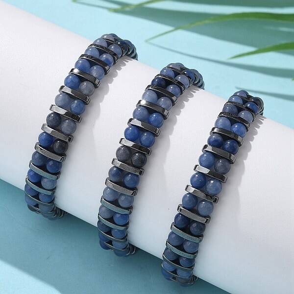 Natural Blue Aventurine and Synthetic Hematite Adjustable Braided Bead Bracelets