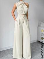 Women's Solid Color Crop Tank Top & Wide Leg Pants Two-piece Set, Elegant Fashion Casual Top & Trousers for Daily Outdoor Wea...